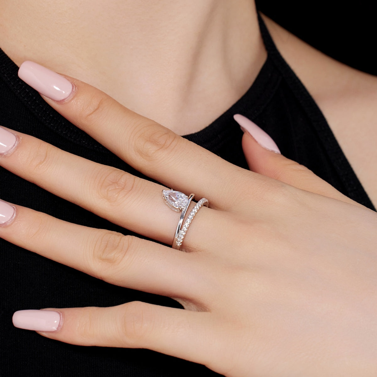 Two Lines with Pear Stone Ring